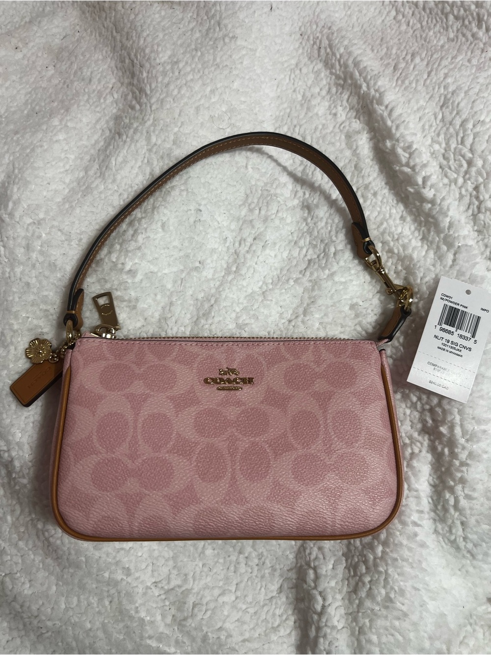 Coach Pink Signature Canvas Shoulder Wristlet with Tan Trim